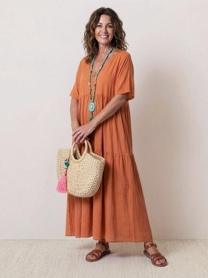 Phoebe | Boho Maxi Dress V-Neck Tiered Short Sleeve Swing