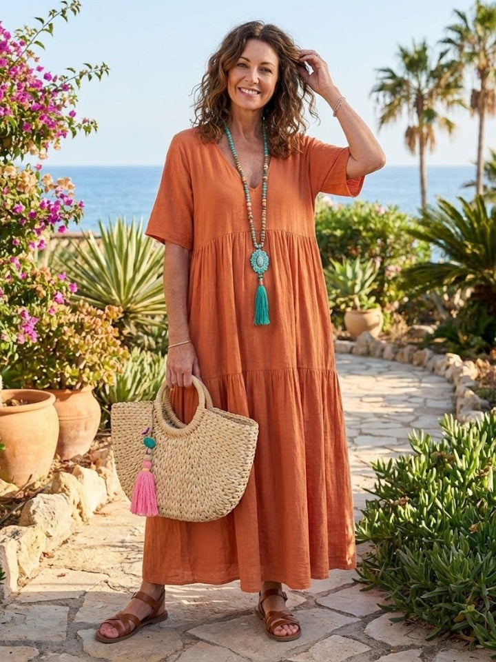Phoebe | Boho Maxi Dress V-Neck Tiered Short Sleeve Swing