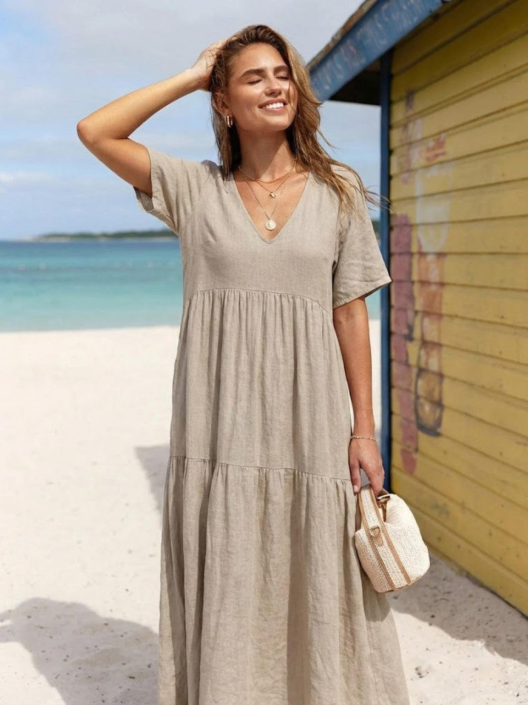 Phoebe | Boho Maxi Dress V-Neck Tiered Short Sleeve Swing