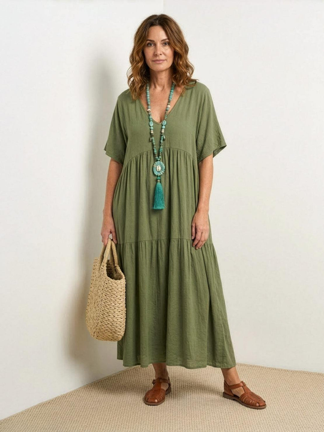 Phoebe | Boho Maxi Dress V-Neck Tiered Short Sleeve Swing