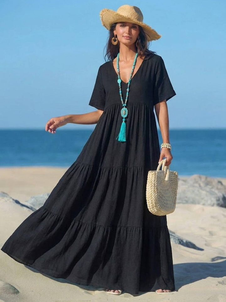 Phoebe | Boho Maxi Dress V-Neck Tiered Short Sleeve Swing