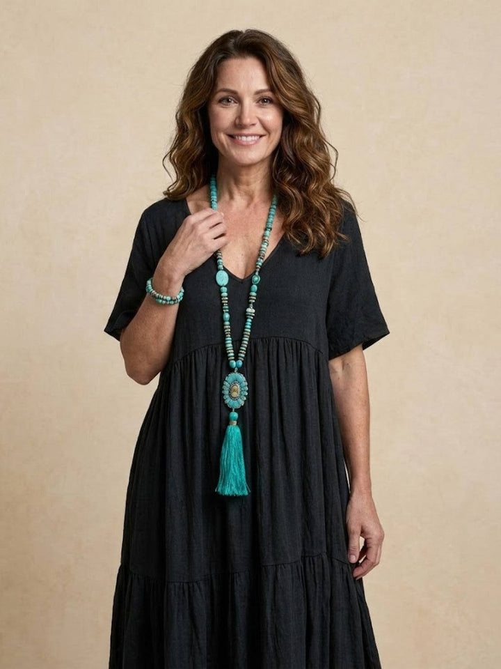 Phoebe | Boho Maxi Dress V-Neck Tiered Short Sleeve Swing