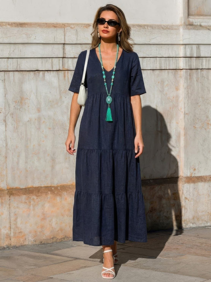 Phoebe | Boho Maxi Dress V-Neck Tiered Short Sleeve Swing