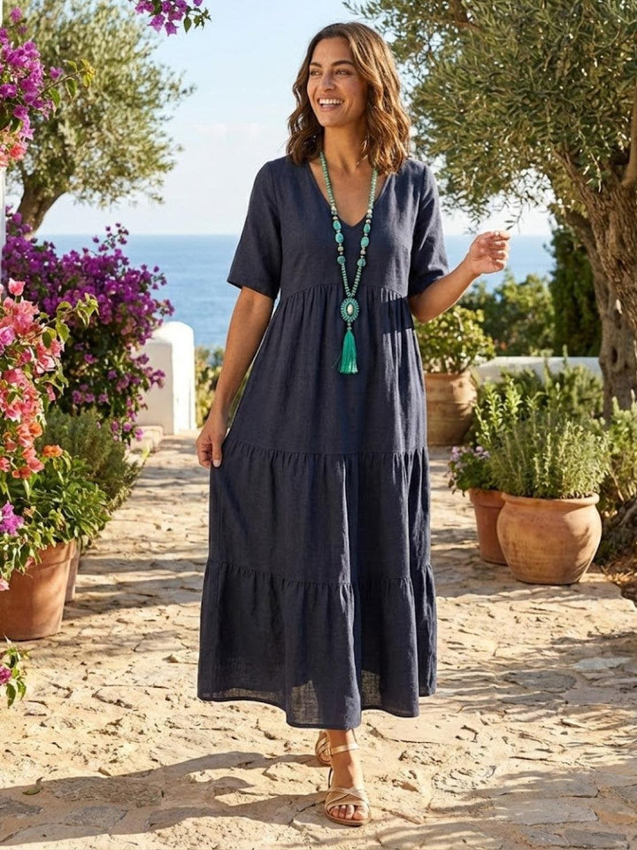 Phoebe | Boho Maxi Dress V-Neck Tiered Short Sleeve Swing