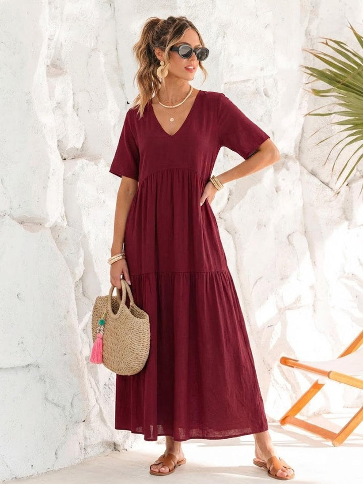 Phoebe | Boho Maxi Dress V-Neck Tiered Short Sleeve Swing