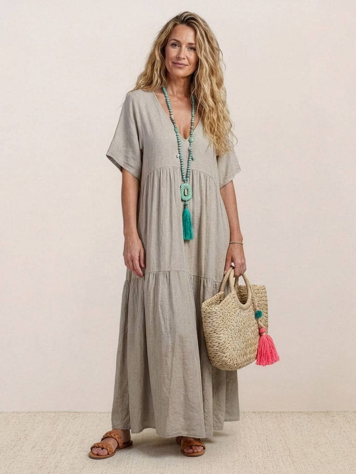 Phoebe | Boho Maxi Dress V-Neck Tiered Short Sleeve Swing