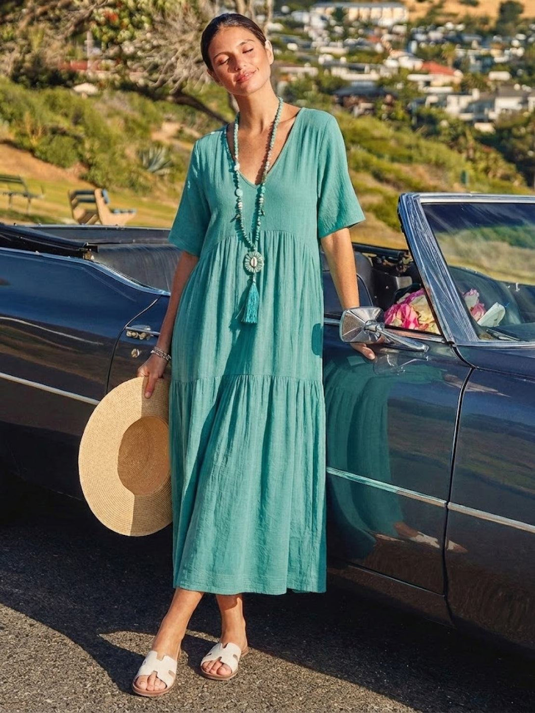 Phoebe | Boho Maxi Dress V-Neck Tiered Short Sleeve Swing