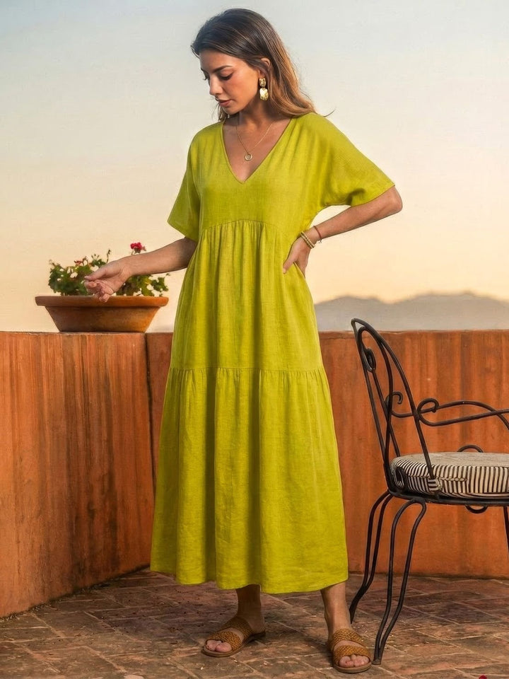 Phoebe | Boho Maxi Dress V-Neck Tiered Short Sleeve Swing