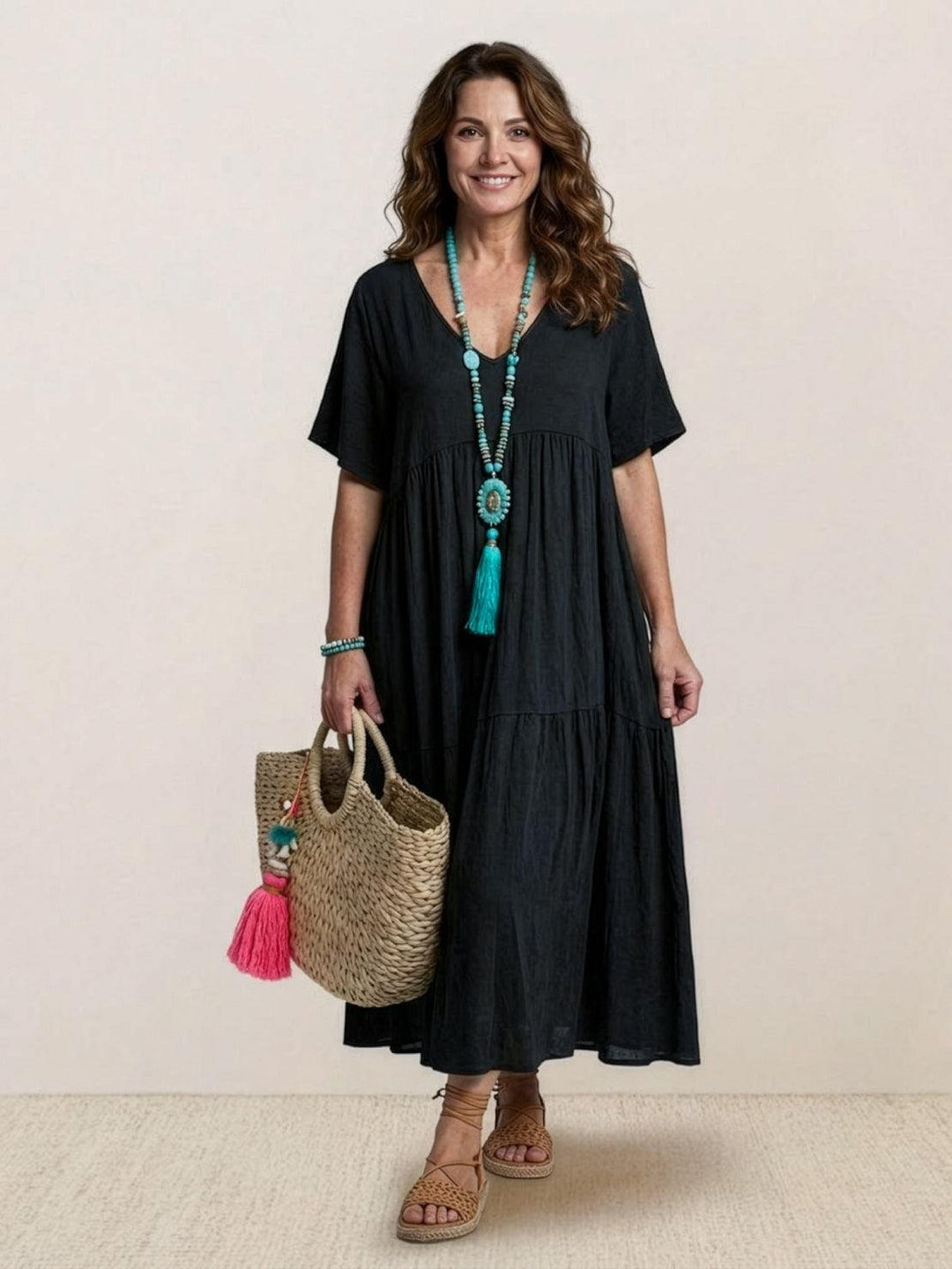 Phoebe | Boho Maxi Dress V-Neck Tiered Short Sleeve Swing