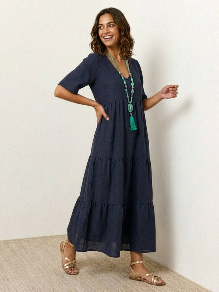 Phoebe | Boho Maxi Dress V-Neck Tiered Short Sleeve Swing