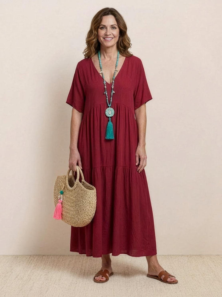 Phoebe | Boho Maxi Dress V-Neck Tiered Short Sleeve Swing