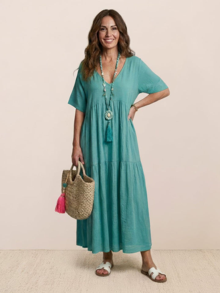 Phoebe | Boho Maxi Dress V-Neck Tiered Short Sleeve Swing