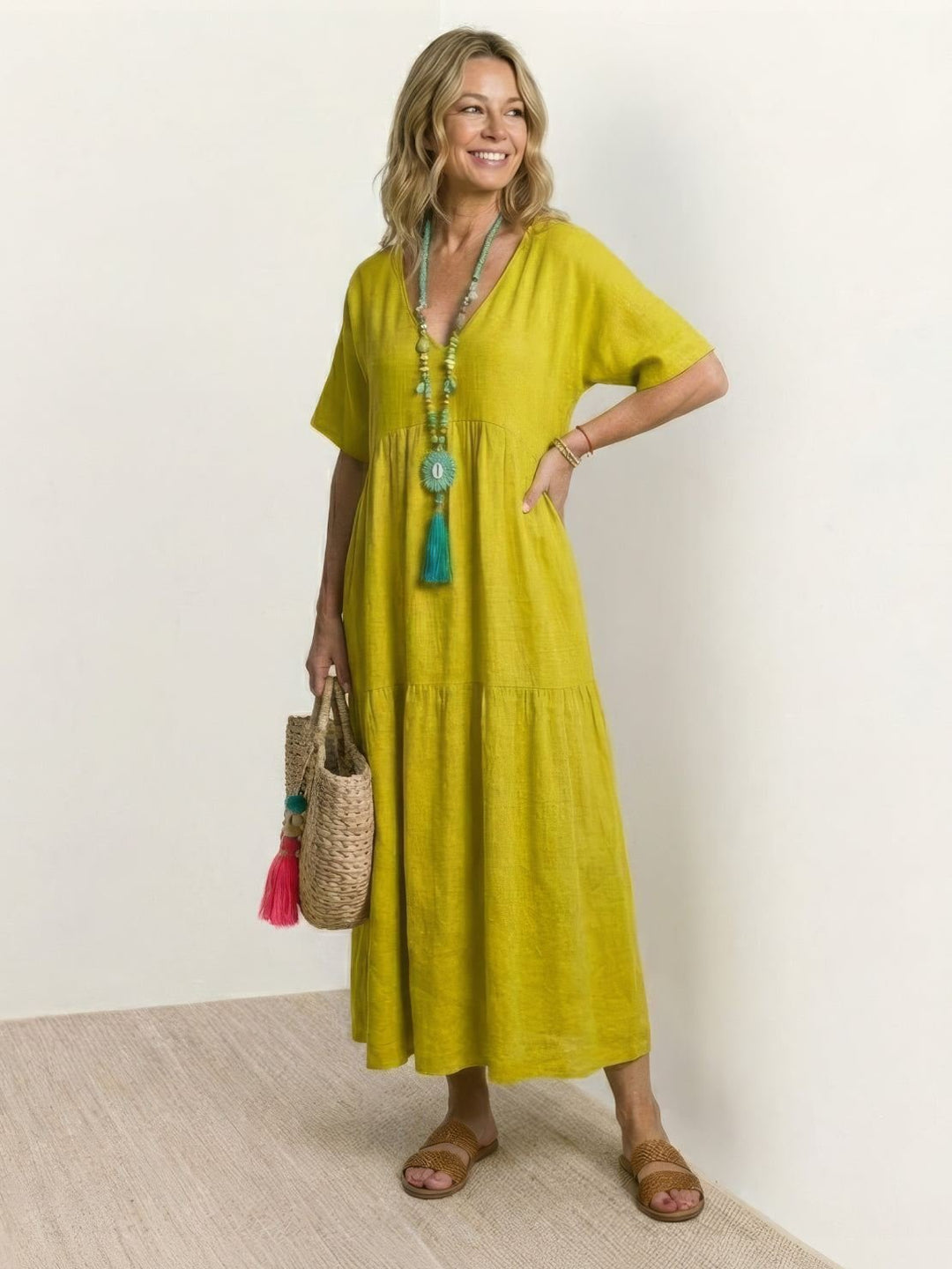 Phoebe | Boho Maxi Dress V-Neck Tiered Short Sleeve Swing