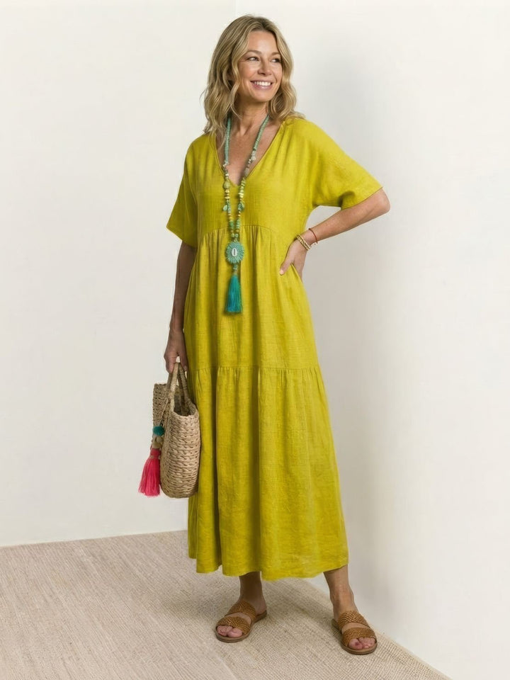 Phoebe | Boho Maxi Dress V-Neck Tiered Short Sleeve Swing