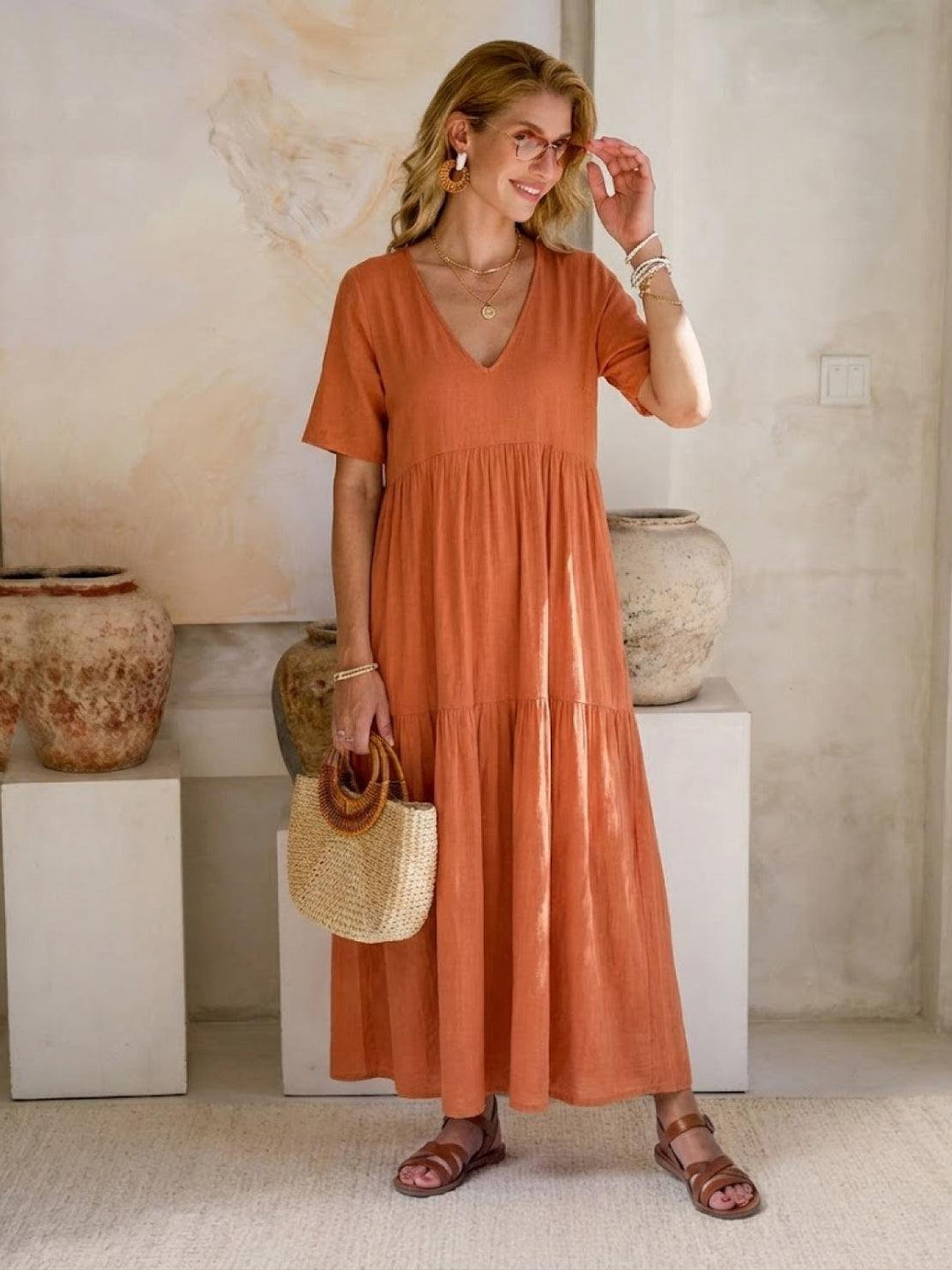 Phoebe | Boho Maxi Dress V-Neck Tiered Short Sleeve Swing