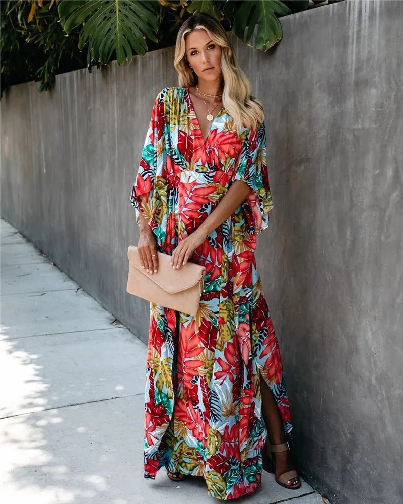 Rosie | Boho Maxi Wrap Dress Kimono Sleeves V-Neck Tropical Print