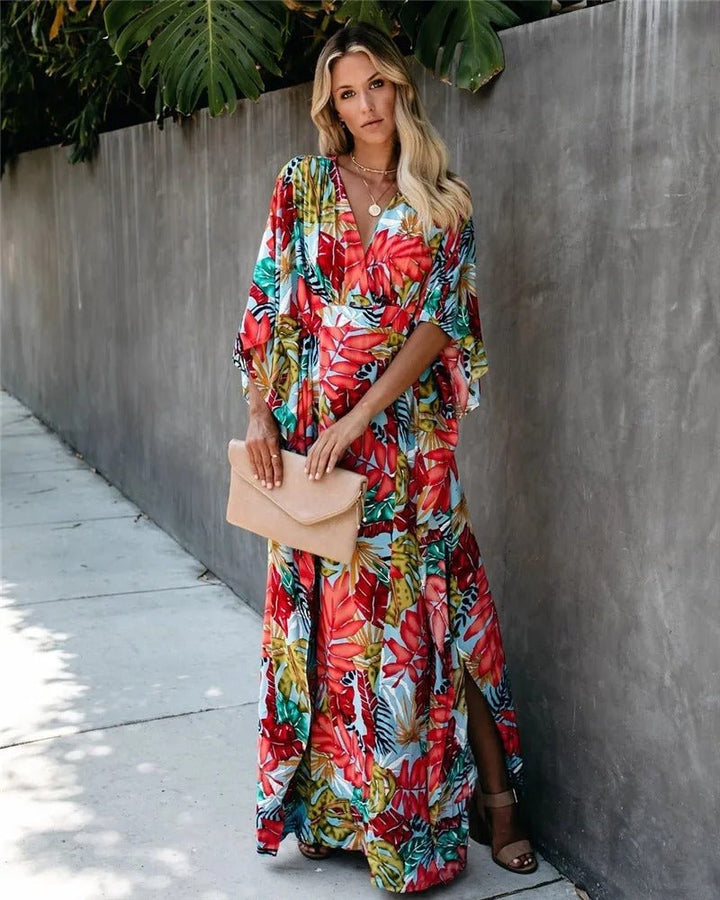 Rosie | Boho Maxi Wrap Dress Kimono Sleeves V-Neck Tropical Print