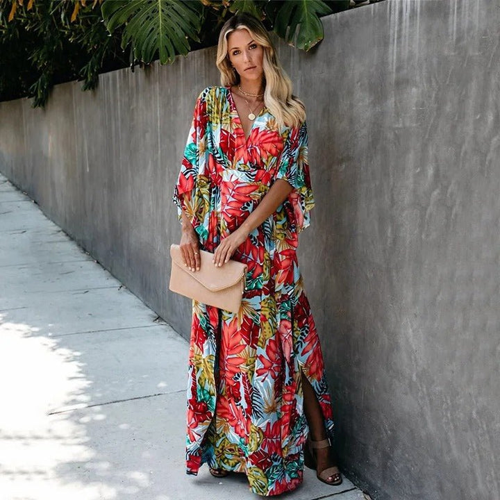 Rosie | Boho Maxi Wrap Dress Kimono Sleeves V-Neck Tropical Print