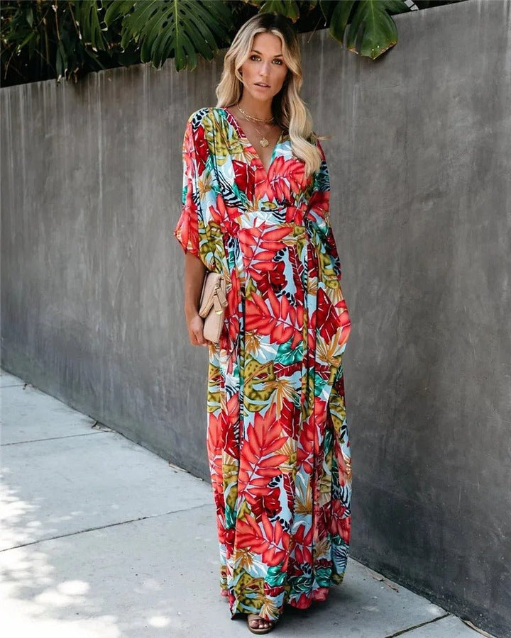 Rosie | Boho Maxi Wrap Dress Kimono Sleeves V-Neck Tropical Print