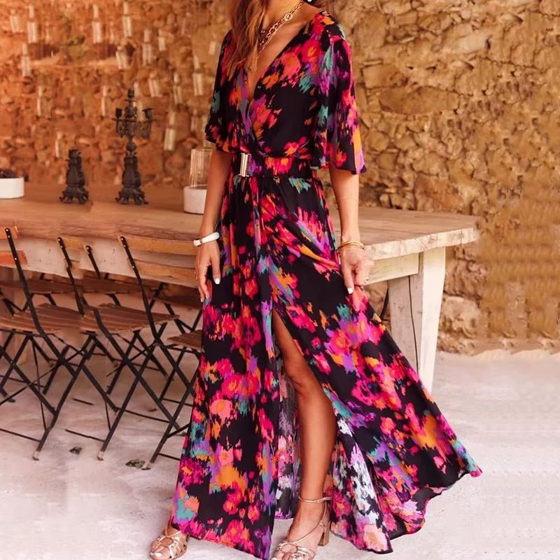 Ella | Boho Maxi Wrap Dress V-Neck Long Sleeve Summer