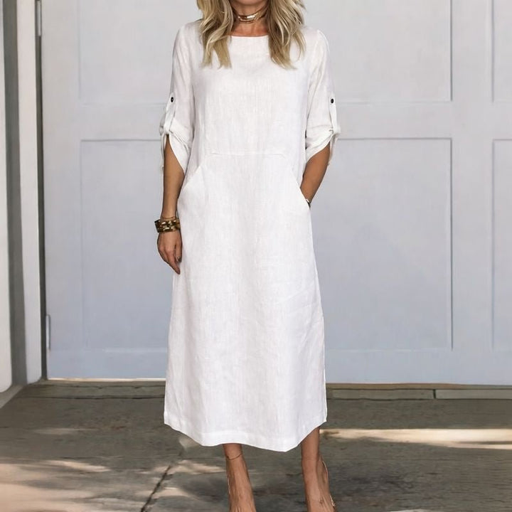 Aria | Boho Midi Dress A-Line Loose Fit Roll-Up Sleeves
