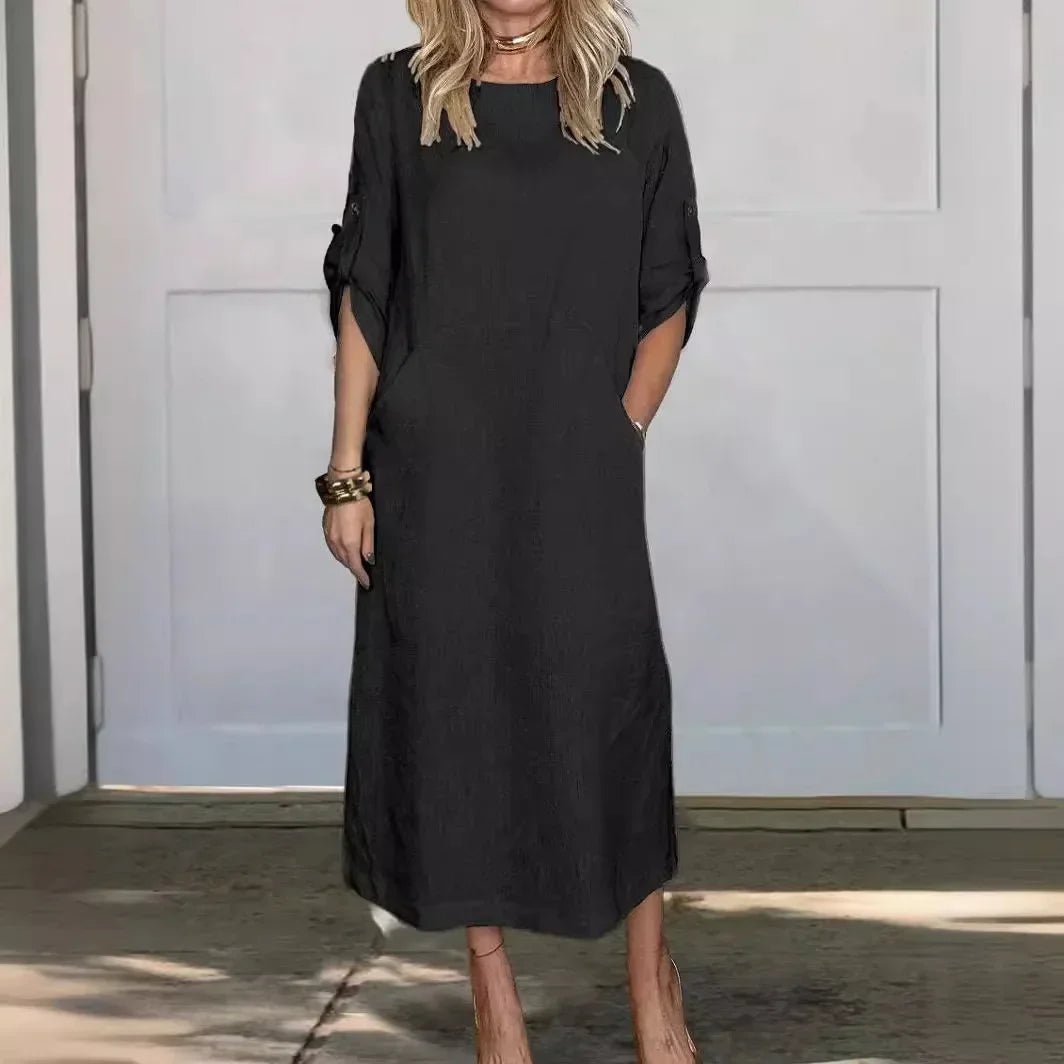 Aria | Boho Midi Dress A-Line Loose Fit Roll-Up Sleeves