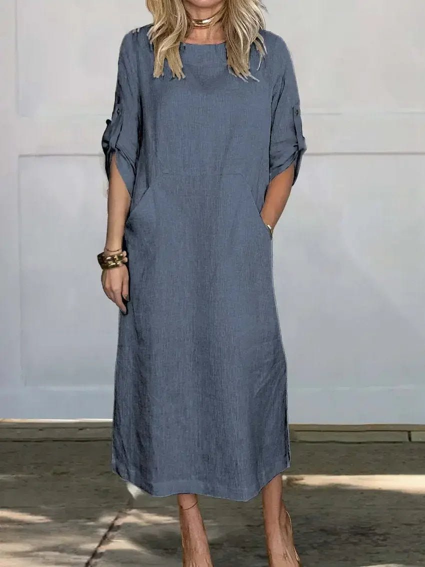 Aria | Boho Midi Dress A-Line Loose Fit Roll-Up Sleeves