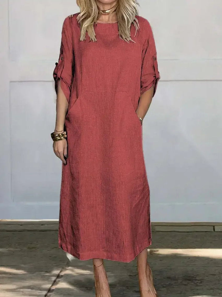 Aria | Boho Midi Dress A-Line Loose Fit Roll-Up Sleeves
