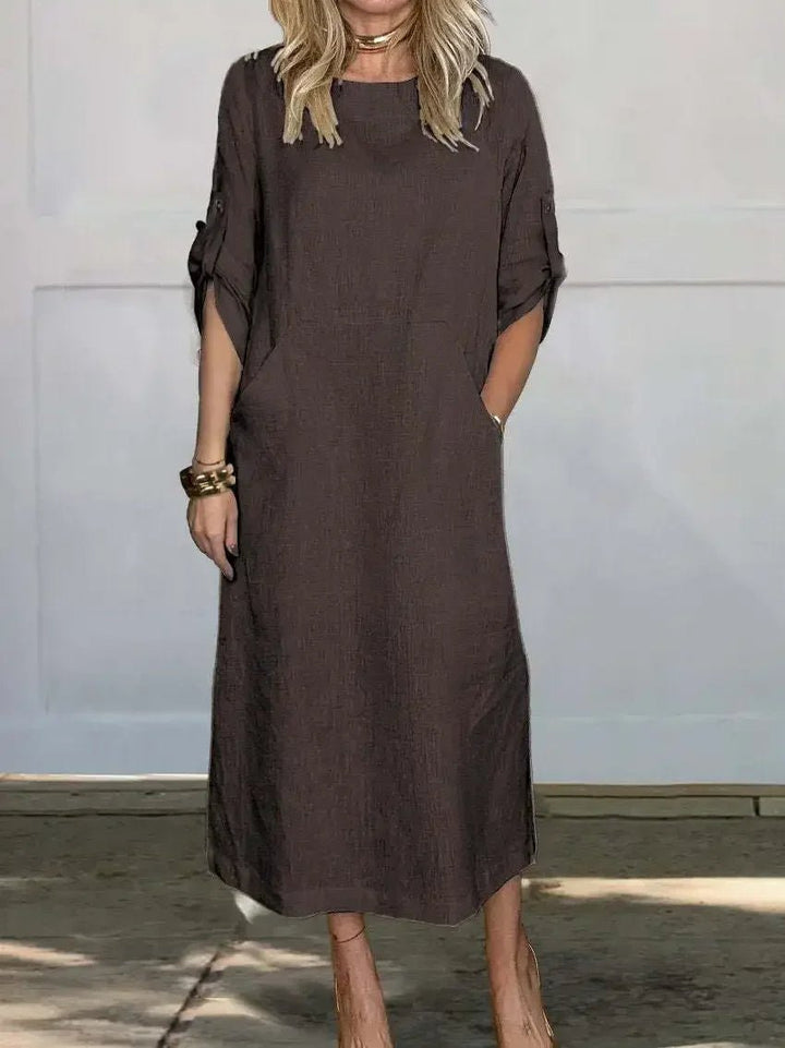 Aria | Boho Midi Dress A-Line Loose Fit Roll-Up Sleeves