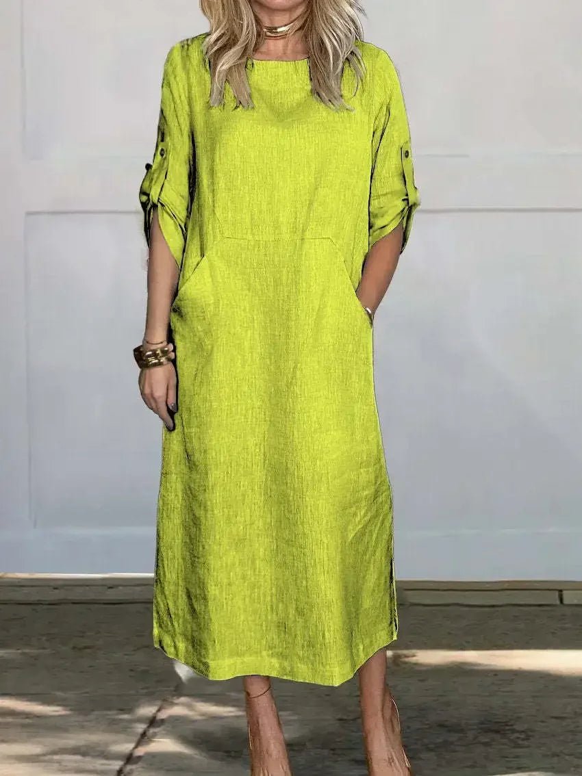 Aria | Boho Midi Dress A-Line Loose Fit Roll-Up Sleeves