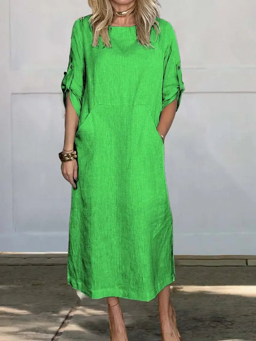 Aria | Boho Midi Dress A-Line Loose Fit Roll-Up Sleeves