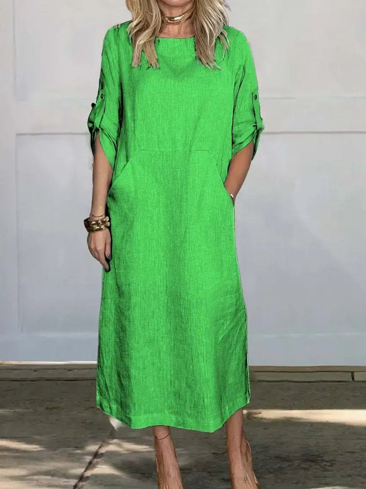 Aria | Boho Midi Dress A-Line Loose Fit Roll-Up Sleeves