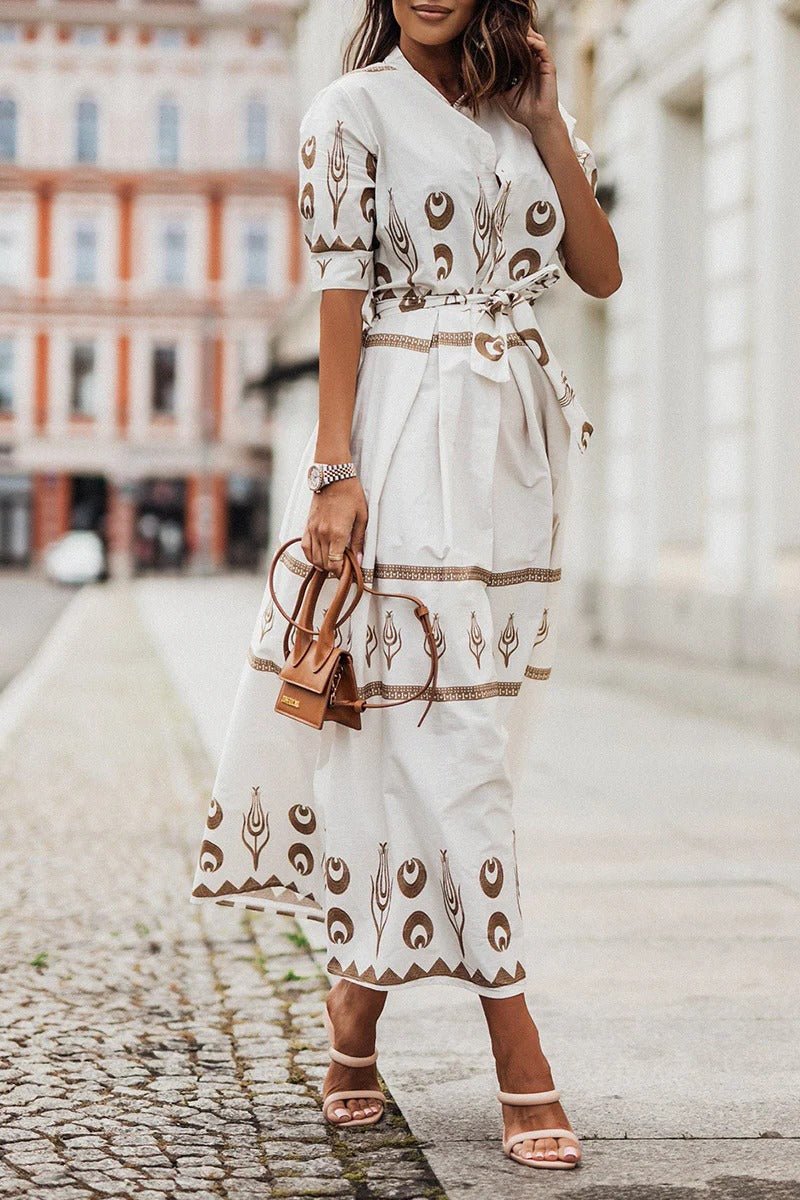 Florence | Boho Midi Dress Belted A-Line 3/4 Sleeve Geometric Print