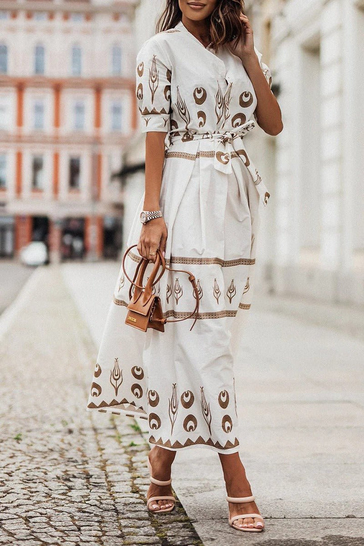 Florence | Boho Midi Dress Belted A-Line 3/4 Sleeve Geometric Print
