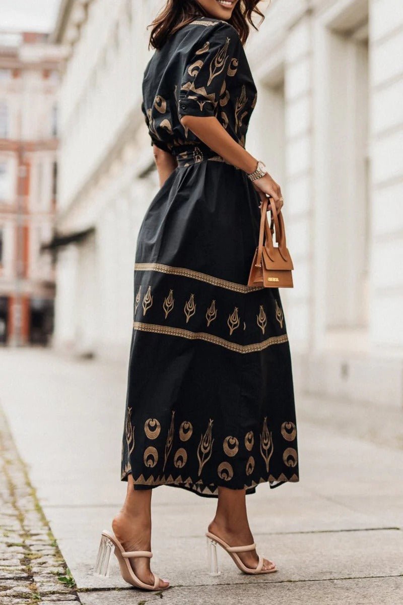 Florence | Boho Midi Dress Belted A-Line 3/4 Sleeve Geometric Print