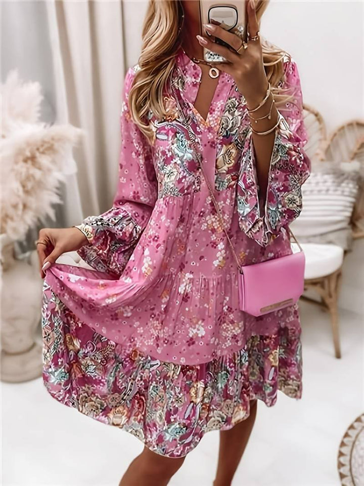 Freya | Boho Midi Dress Floral Print Long Sleeve V-Neck