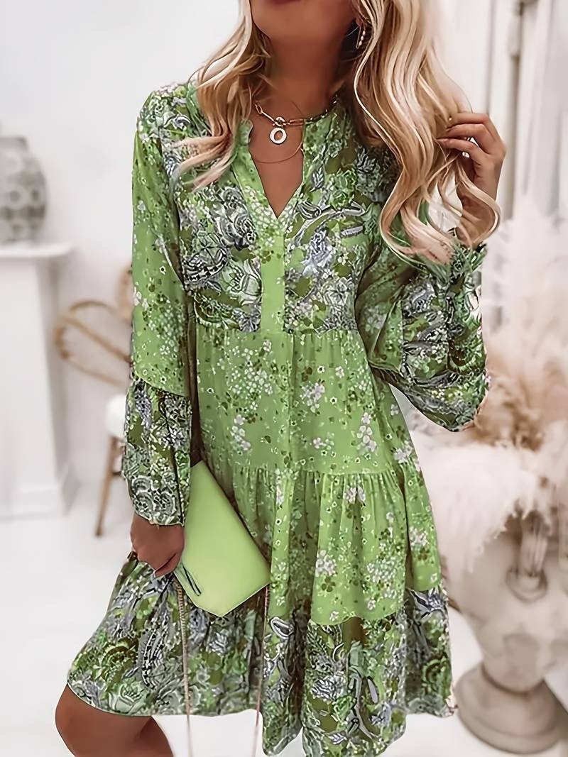 Freya | Boho Midi Dress Floral Print Long Sleeve V-Neck