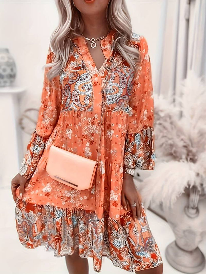 Freya | Boho Midi Dress Floral Print Long Sleeve V-Neck