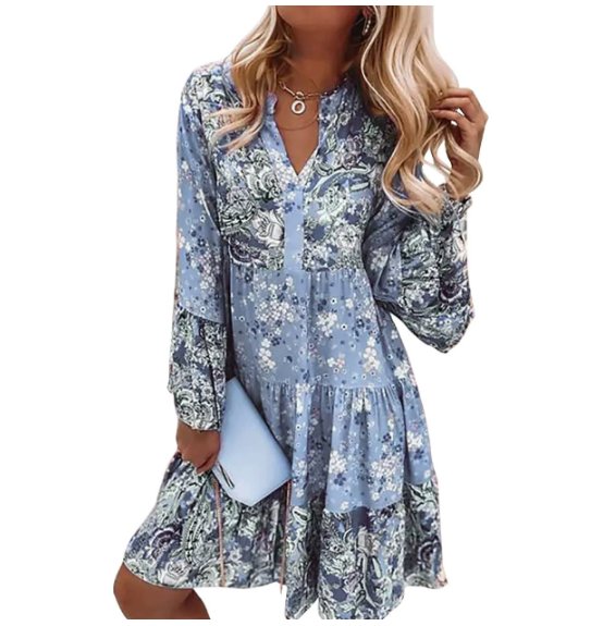Freya | Boho Midi Dress Floral Print Long Sleeve V-Neck