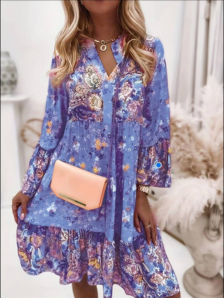 Freya | Boho Midi Dress Floral Print Long Sleeve V-Neck
