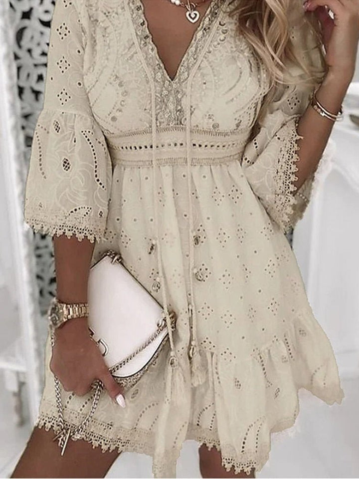 Amelia | Boho Mini Dress V-Neck Lace Bell Sleeves A-Line