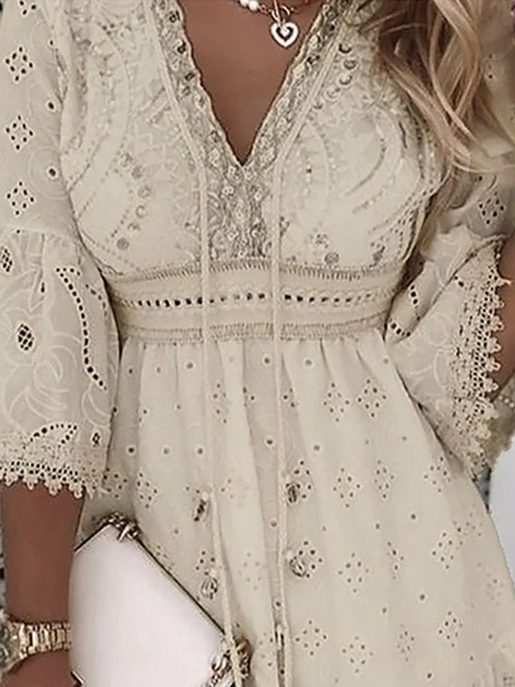 Amelia | Boho Mini Dress V-Neck Lace Bell Sleeves A-Line