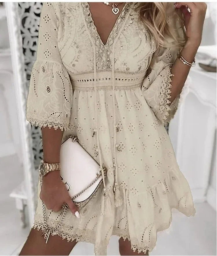 Amelia | Boho Mini Dress V-Neck Lace Bell Sleeves A-Line