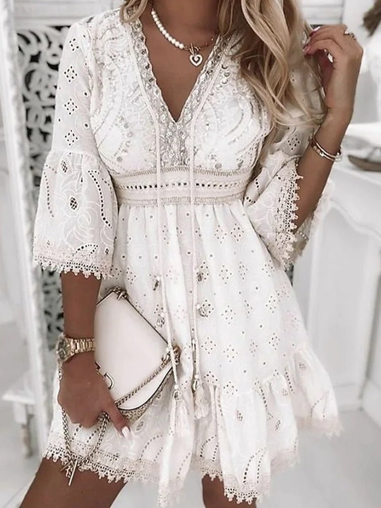 Amelia | Boho Mini Dress V-Neck Lace Bell Sleeves A-Line
