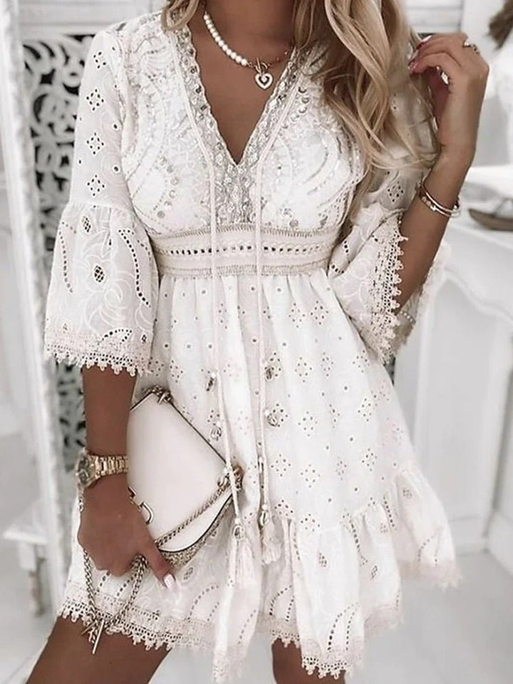 Amelia | Boho Mini Dress V-Neck Lace Bell Sleeves A-Line