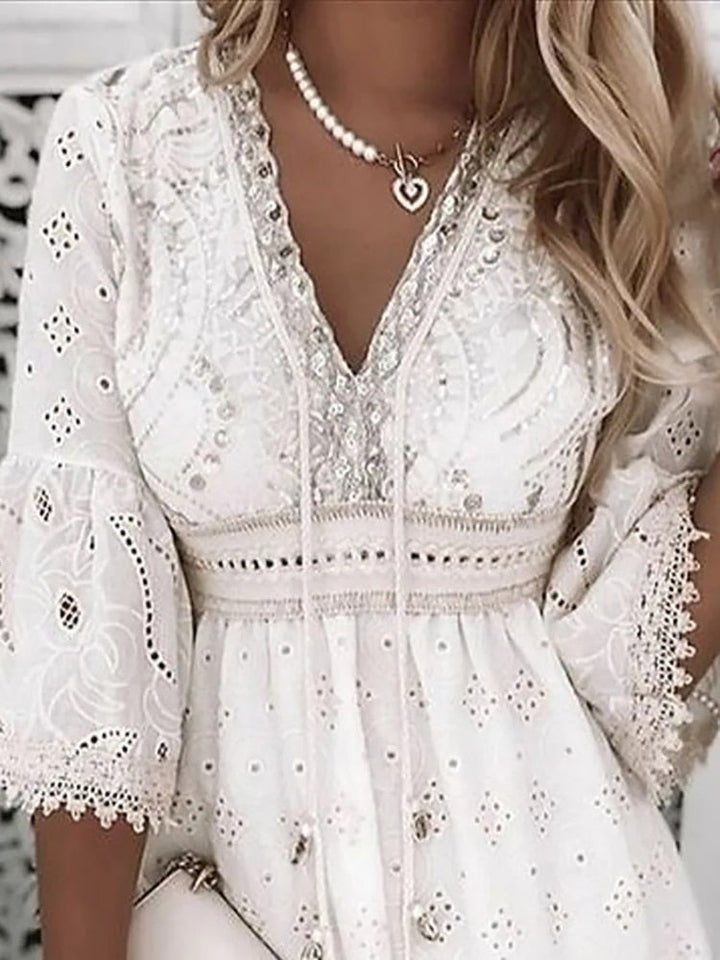 Amelia | Boho Mini Dress V-Neck Lace Bell Sleeves A-Line