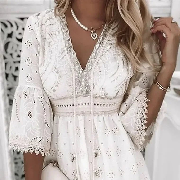 Amelia | Boho Mini Dress V-Neck Lace Bell Sleeves A-Line