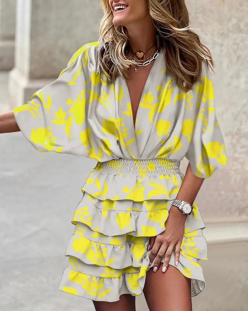 Willow | Boho Mini Dress V-Neck Smocked Waist Ruffle Floral Print