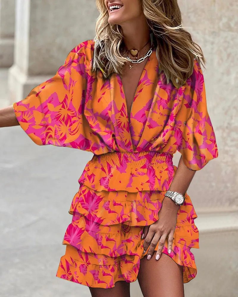 Willow | Boho Mini Dress V-Neck Smocked Waist Ruffle Floral Print