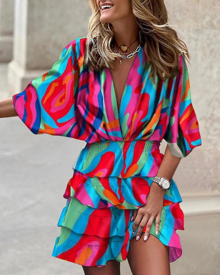 Willow | Boho Mini Dress V-Neck Smocked Waist Ruffle Floral Print